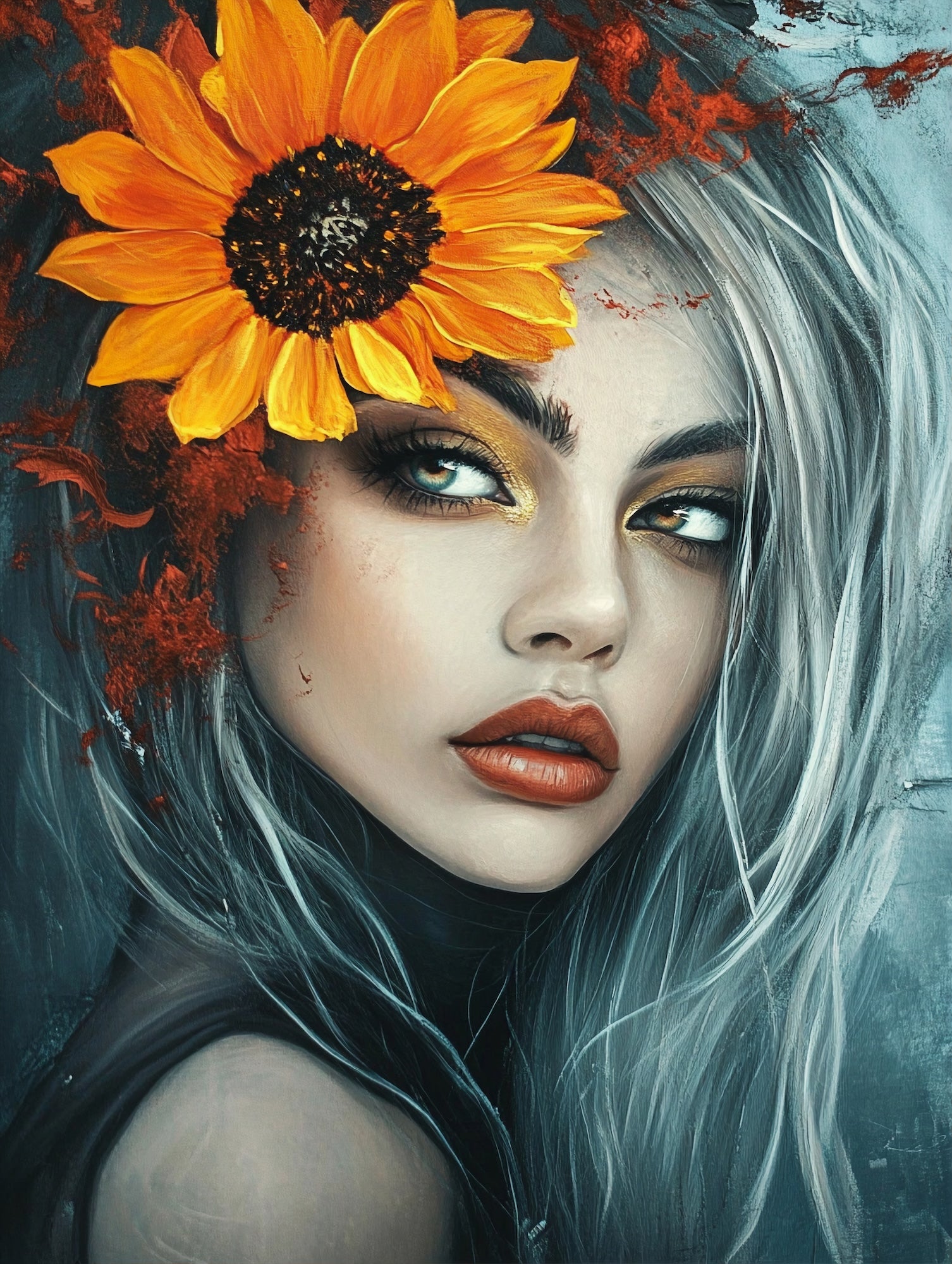 „Sonnenblumenkönigin“ - Abstraktes Frauenportrait - Poster