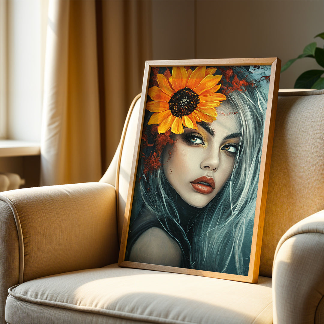 „Sonnenblumenkönigin“ - Abstraktes Frauenportrait - Poster