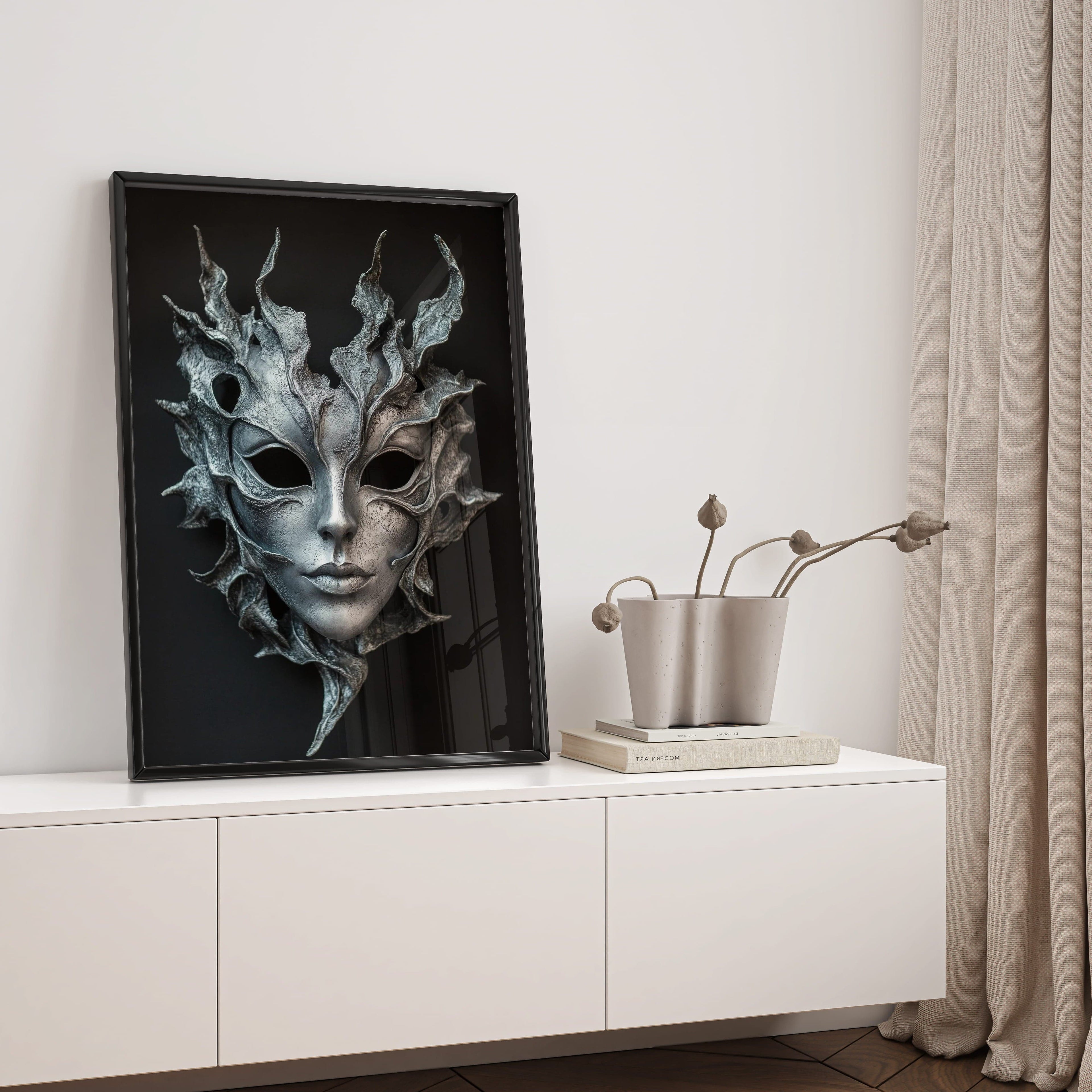 Alivia-Arts SILVER SHADE - Maske der Stille - Gerahmtes Poster