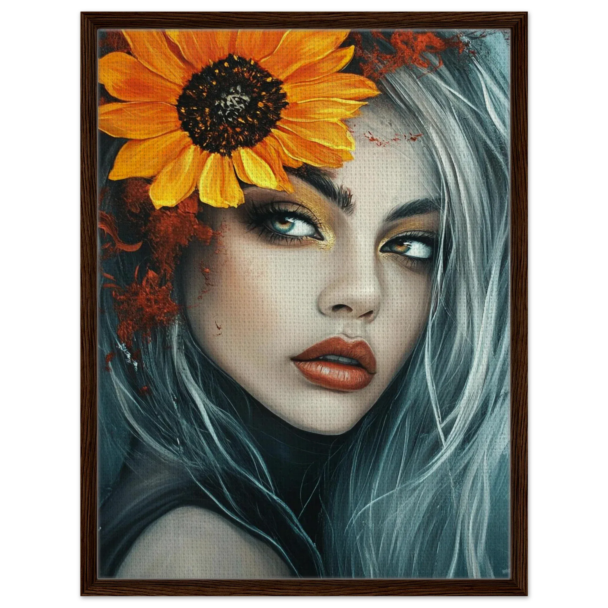 Alivia-Arts SONNENBLUMENKÖNIGIN - Abstraktes Frauenportrait - Gerahmte Leinwand