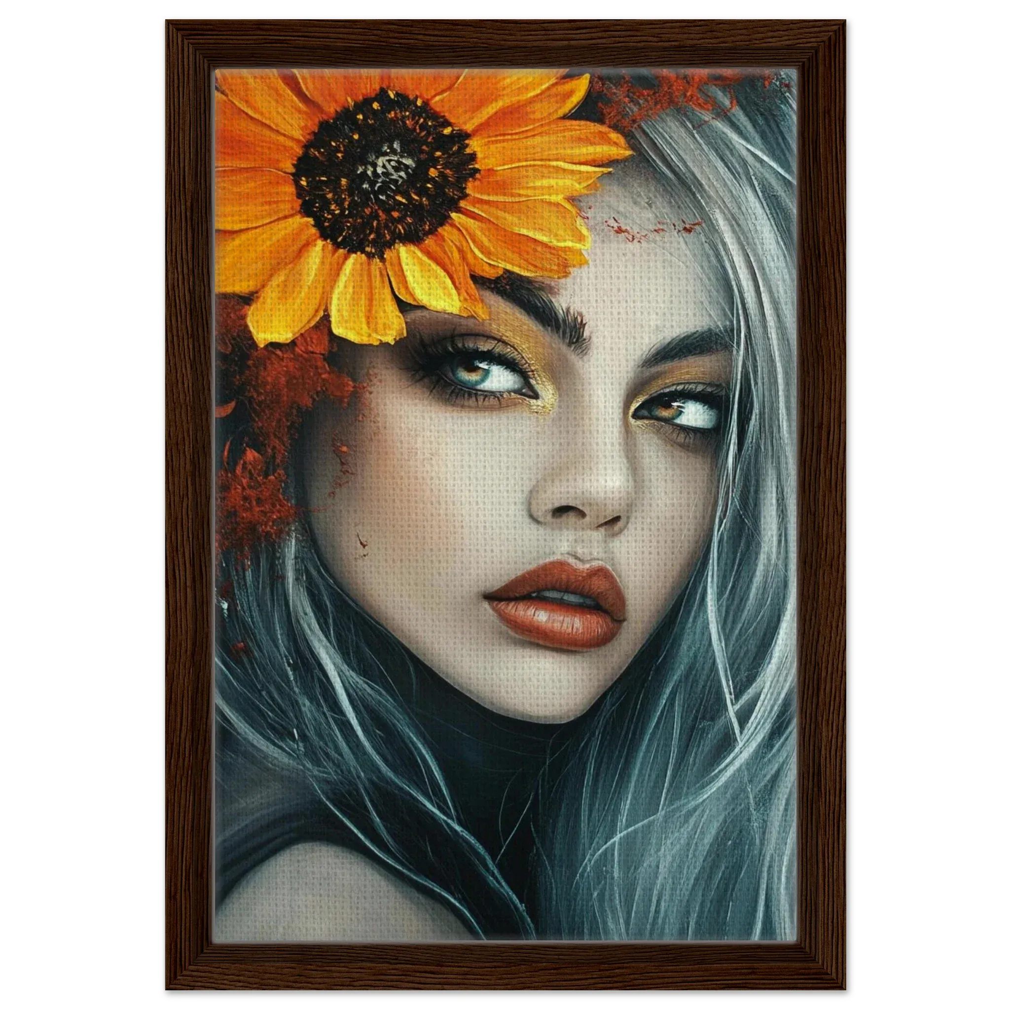 Alivia-Arts SONNENBLUMENKÖNIGIN - Abstraktes Frauenportrait - Gerahmte Leinwand