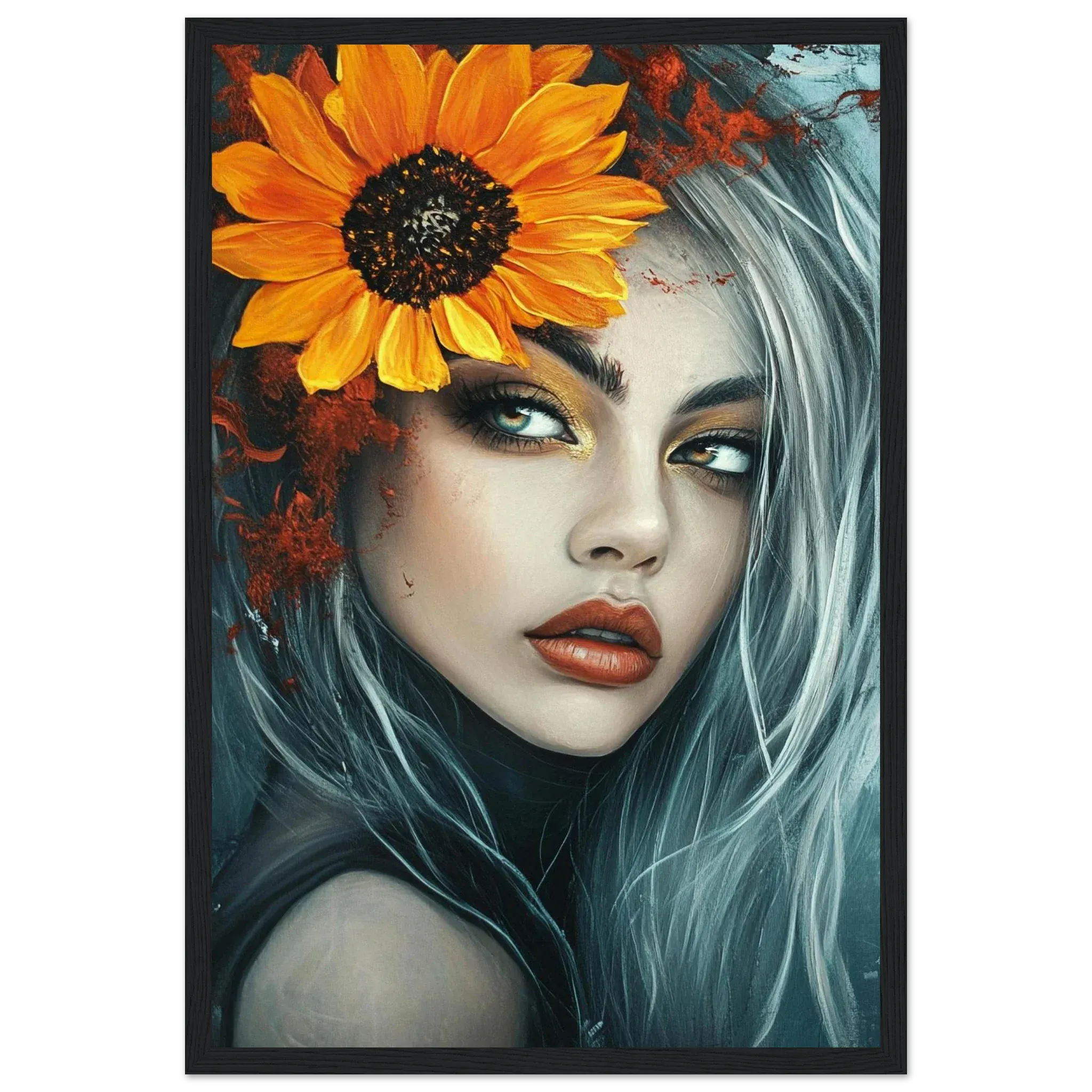 Alivia-Arts SONNENBLUMENKÖNIGIN - Abstraktes Frauenportrait - Gerahmtes Poster