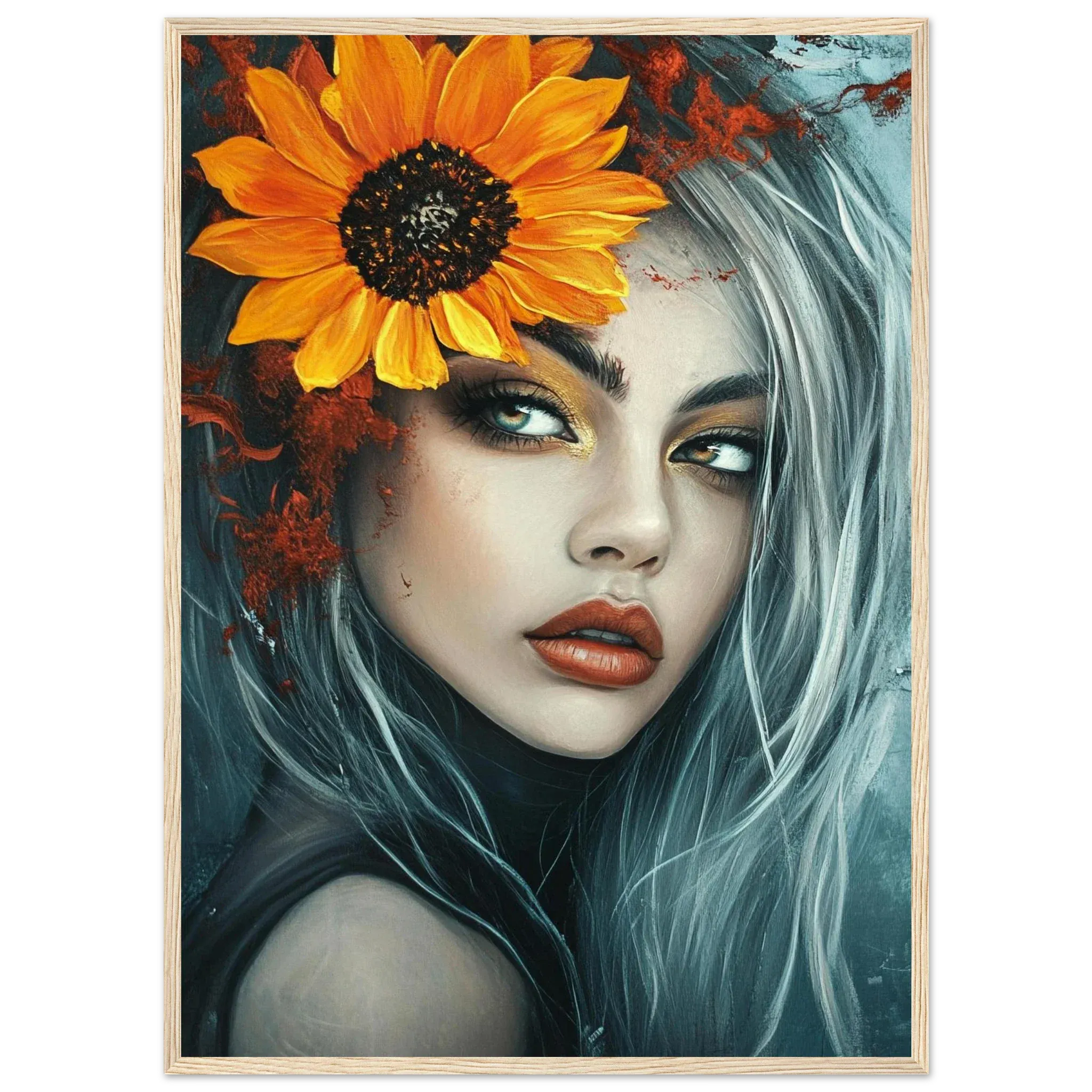 Alivia-Arts SONNENBLUMENKÖNIGIN - Abstraktes Frauenportrait - Gerahmtes Poster